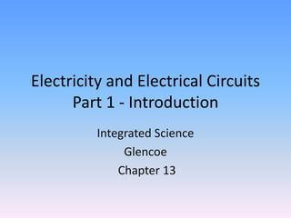 Electricity and Electrical Circuits
Part 1 - Introduction
Integrated Science
Glencoe
Chapter 13
 