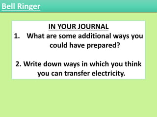 IN YOUR JOURNAL
1. What are some additional ways you
could have prepared?
2. Write down ways in which you think
you can transfer electricity.
Bell Ringer
 