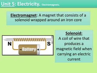 Electromagnet: A magnet that consists of a
solenoid wrapped around an iron core
Solenoid:
A coil of wire that
produces a
magnetic field when
carrying an electric
current
Unit 5: Electricity. Electromagnets.
 