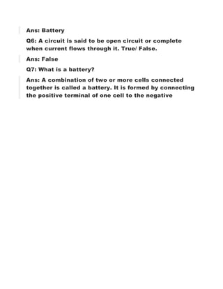 Electricity circuits and their components 7th class Questions and ...