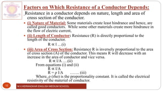 M.V.HERWADKAR ENGLISH MEDIUM SCHOOL
12
Factors on Which Resistance of a Conductor Depends:
Resistance in a conductor depends on nature, length and area of
cross section of the conductor.
 (i) Nature of Material: Some materials create least hindrance and hence, are
called good conductors. While some other materials create more hindrance in
the flow of electric current,
 (ii) Length of Conductor: Resistance (R) is directly proportional to the
length of the conductor.
R ∝ l …(i)
 (iii) Area of Cross Section: Resistance R is inversely proportional to the area
of cross section (A) of the conductor. This means R will decrease with an
increase in the area of conductor and vice versa.
R ∝ l/A ….(ii)
From equations (i) and (ii)
R ∝ l/A
R = ρ l/A ……. (iii)
Where, ρ (rho) is the proportionality constant. It is called the electrical
resistivity of the material of conductor.
 