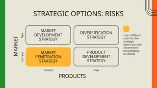 MARKET
DEVELOPMENT
STRATEGY
MARKET
PENETRATION
STRATEGY
PRODUCT
DEVELOPMENT
STRATEGY
DIVERSIFICATION
STRATEGY
STRATEGIC OPTIONS: RISKS
PRODUCTS
MARKET
Use a different
color for the
strategic
option you will
recommend
the company
to choose
Current New
Current
New
 