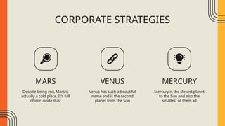 CORPORATE STRATEGIES
MARS MERCURY
Despite being red, Mars is
actually a cold place. It’s full
of iron oxide dust
Mercury is the closest planet
to the Sun and also the
smallest of them all
VENUS
Venus has such a beautiful
name and is the second
planet from the Sun
 