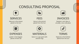 CONSULTING PROPOSAL
Mercury is the closest
planet to the Sun
Venus is the second
planet from the Sun
Despite is red, Mars is
actually a very cold place
Jupiter is the biggest
planet of them all
Saturn is a gas giant with
several rings
Neptune is the farthest
planet from the Sun
SERVICES FEES INVOICES
EXPENSES MATERIALS TERMS
 