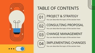 01 You can describe the topic of the section here
PROJECT & STRATEGY
TABLE OF CONTENTS
04 You can describe the topic of the section here
IMPLEMENTING CHANGES
03 You can describe the topic of the section here
CHANGE MANAGEMENT
02 You can describe the topic of the section here
CONSULTING PROPOSAL
 