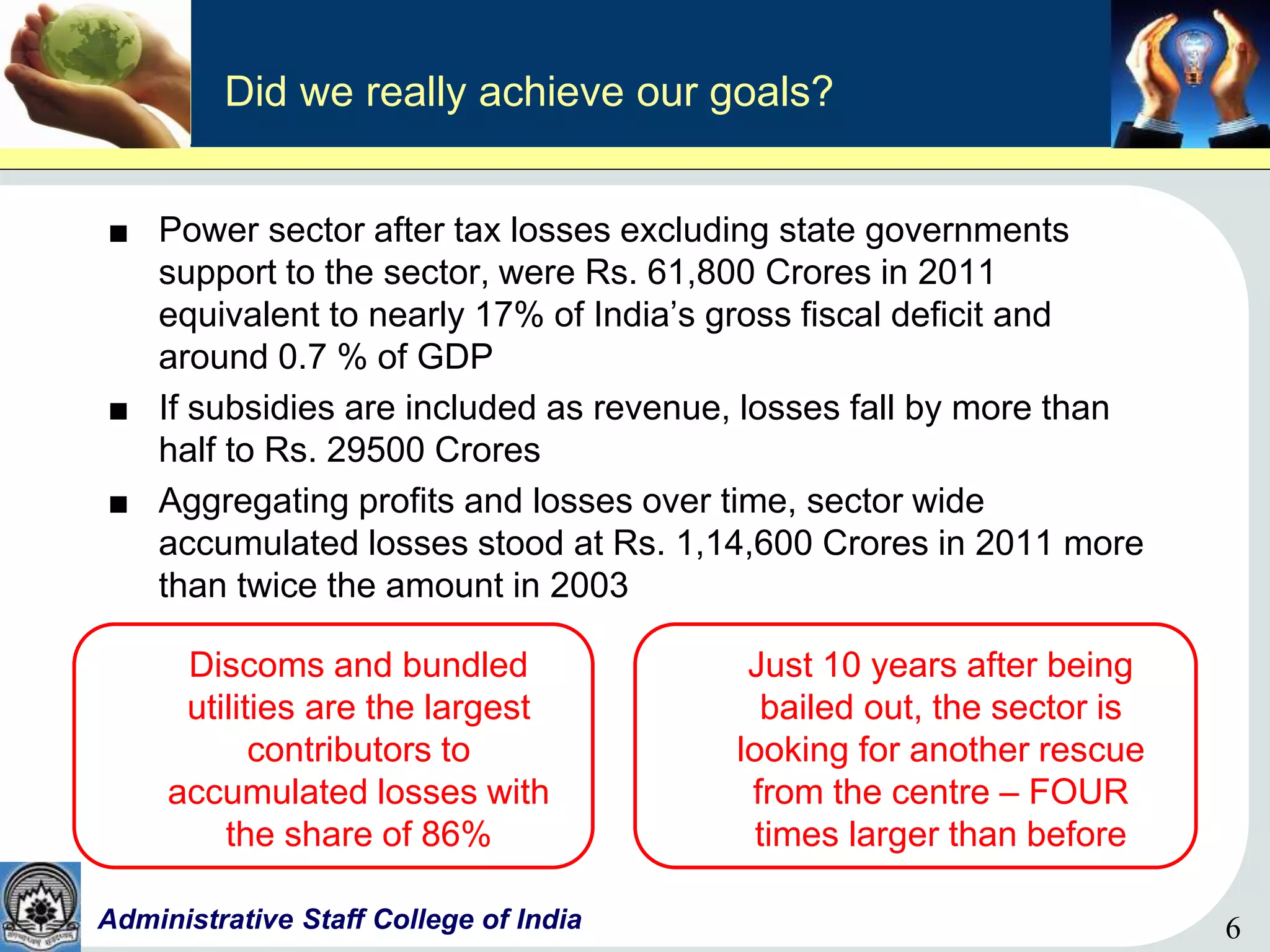 6Administrative Staff College of India 6
Did we really achieve our goals?
■ Power sector after tax losses excluding state governments
support to the sector, were Rs. 61,800 Crores in 2011
equivalent to nearly 17% of India’s gross fiscal deficit and
around 0.7 % of GDP
■ If subsidies are included as revenue, losses fall by more than
half to Rs. 29500 Crores
■ Aggregating profits and losses over time, sector wide
accumulated losses stood at Rs. 1,14,600 Crores in 2011 more
than twice the amount in 2003
Discoms and bundled
utilities are the largest
contributors to
accumulated losses with
the share of 86%
Just 10 years after being
bailed out, the sector is
looking for another rescue
from the centre – FOUR
times larger than before
 