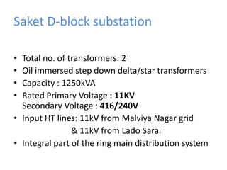 In India the power supply to the residential premises is at 240V,single phase, 50Hz ac. The three phase supply is at 415V. Saket D-block substationTotal no. of transformers: 2Oil immersed step down delta/star transformersCapacity : 1250kVARated Primary Voltage : 11KVSecondary Voltage : 416/240VInput HT lines: 11kV from Malviya Nagar grid& 11kV from LadoSaraiIntegral part of the ring main distribution system