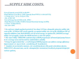 Cost of Capacity saved (CSC) in Rs/kW=
(Total Measure Cost (Rs.)) / ((kW Capacity Saved*PCF)/ (1-TDLF)(CUF))
= (71144) /((...