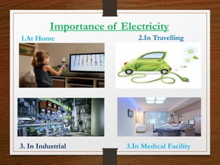 Importance of Electricity
1.At Home 2.In Travelling
3.In Medical Facility3. In Industrial
 