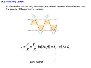 20.5  Alternating Current In circuits that contain only resistance, the current reverses direction each time  the polarity of the generator reverses. peak current 