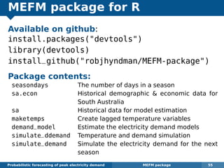 MEFM package for R
Available on github:
install.packages("devtools")
library(devtools)
install_github("robjhyndman/MEFM-package")
Package contents:
seasondays The number of days in a season
sa.econ Historical demographic & economic data for
South Australia
sa Historical data for model estimation
maketemps Create lagged temperature variables
demand_model Estimate the electricity demand models
simulate_ddemand Temperature and demand simulation
simulate_demand Simulate the electricity demand for the next
season
Probabilistic forecasting of peak electricity demand MEFM package 55
 