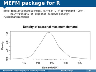 MEFM package for R
plot(density(demand$annmax, bw="SJ"), xlab="Demand (GW)",
main="Density of seasonal maximum demand")
rug(demand$annmax)
1.5 2.0 2.5 3.0 3.5
0.00.40.81.2
Density of seasonal maximum demand
Demand (GW)
Density
Probabilistic forecasting of peak electricity demand MEFM package 62
 