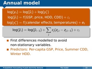 Annual model
log(yt) = log(¯yi) + log(y∗
t )
log(¯yi) = f(GSP, price, HDD, CDD) + εi
log(y∗
t ) = f(calendar effects, temperatures) + et
log(¯yi) = log(¯yi−1) +
j
cj(zj,i − zj,i−1) + εi
First differences modelled to avoid
non-stationary variables.
Predictors: Per-capita GSP, Price, Summer CDD,
Winter HDD.
Probabilistic forecasting of peak electricity demand The model 14
 