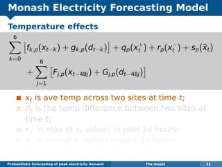 Monash Electricity Forecasting Model
Temperature effects
6
k=0
fk,p(xt−k) + gk,p(dt−k) + qp(x+
t ) + rp(x−
t ) + sp(¯xt)
+
6
j=1
Fj,p(xt−48j) + Gj,p(dt−48j)
xt is ave temp across two sites at time t;
dt is the temp difference between two sites at
time t;
x+
t is max of xt values in past 24 hours;
x−
t is min of xt values in past 24 hours;
¯xt is ave temp in past seven days.
Probabilistic forecasting of peak electricity demand The model 21
 