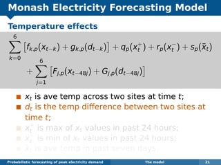 Monash Electricity Forecasting Model
Temperature effects
6
k=0
fk,p(xt−k) + gk,p(dt−k) + qp(x+
t ) + rp(x−
t ) + sp(¯xt)
+
6
j=1
Fj,p(xt−48j) + Gj,p(dt−48j)
xt is ave temp across two sites at time t;
dt is the temp difference between two sites at
time t;
x+
t is max of xt values in past 24 hours;
x−
t is min of xt values in past 24 hours;
¯xt is ave temp in past seven days.
Probabilistic forecasting of peak electricity demand The model 21
 