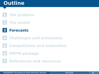Outline
1 The problem
2 The model
3 Forecasts
4 Challenges and extensions
5 Competitions and evaluation
6 MEFM package
7 References and resources
Probabilistic forecasting of peak electricity demand Forecasts 26
 