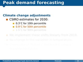 Peak demand forecasting
Climate change adjustments
CSIRO estimates for 2030:
0.3◦
C for 10th percentile
0.9◦
C for 50th percentile
1.5◦
C for 90th percentile
We implement these shifts linearly from 2010.
No change in the variation in temperature.
Thousands of “futures” generated using a
seasonal bootstrap.
Probabilistic forecasting of peak electricity demand Forecasts 33
 