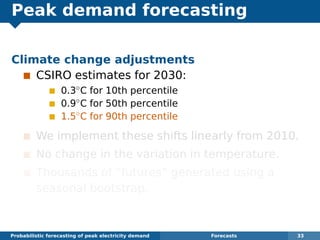 Peak demand forecasting
Climate change adjustments
CSIRO estimates for 2030:
0.3◦
C for 10th percentile
0.9◦
C for 50th percentile
1.5◦
C for 90th percentile
We implement these shifts linearly from 2010.
No change in the variation in temperature.
Thousands of “futures” generated using a
seasonal bootstrap.
Probabilistic forecasting of peak electricity demand Forecasts 33
 