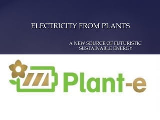 ELECTRICITY FROM PLANTSELECTRICITY FROM PLANTS
A NEW SOURCE OF FUTURISTICA NEW SOURCE OF FUTURISTIC
SUSTAINABLE ENERGYSUSTAINABLE ENERGY
 