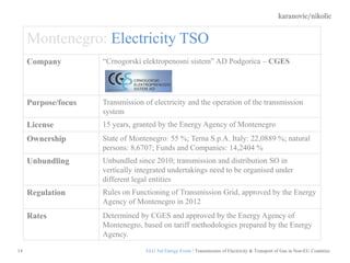 karanovic/nikolic
14
Montenegro: Electricity TSO
Company ―Crnogorski elektropenosni sistem‖ AD Podgorica – CGES
Purpose/focus Transmission of electricity and the operation of the transmission
system
License 15 years, granted by the Energy Agency of Montenegro
Ownership State of Montenegro: 55 %; Terna S.p.A. Italy: 22,0889 %; natural
persons: 8,6707; Funds and Companies: 14,2404 %
Unbundling Unbundled since 2010; transmission and distribution SO in
vertically integrated undertakings need to be organised under
different legal entities
Regulation Rules on Functioning of Transmission Grid, approved by the Energy
Agency of Montenegro in 2012
Rates Determined by CGES and approved by the Energy Agency of
Montenegro, based on tariff methodologies prepared by the Energy
Agency.
ELG 3rd Energy Event / Transmission of Electricity & Transport of Gas in Non-EU Countries
 