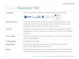 karanovic/nikolic
17
Russia: Electricity TSO
Company The Federal Grid Company of Unified Energy System (FGC).
Purpose/focus Electricity transmission services provided to the participants of the
wholesale market of electricity and owners of the electrical energy
equipment connected to the unified energy system
License Not subject to licensing (however contracts for providing electricity
transmission services must be concluded only by FGC, in accordance
with law)
Ownership 79,55% is owned by the Russian Federation; 20,45% is owned by the
minority shareholders.
Unbundling Unbundled since 2008
Regulation Rules on non-discrimination access to electricity transmission
services and rendering of such services
Rates Determined by the authorities of constituent territories of the Russian
Federation on the basis of the Resolution of the Russian Government
ELG 3rd Energy Event / Transmission of Electricity & Transport of Gas in Non-EU Countries
 