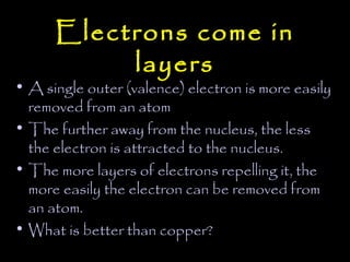 Electrons come in
           layers
• A single outer (valence) electron is more easily
  removed from an atom
• The further away from the nucleus, the less
  the electron is attracted to the nucleus.
• The more layers of electrons repelling it, the
  more easily the electron can be removed from
  an atom.
• What is better than copper?
 