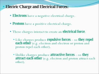Electric Charge and Electrical Forces: Electrons  have a negative electrical charge. Protons  have a positive electrical charge. These charges interact to create an  electrical force . Like charges produce  repulsive forces  – so  they repel each other  (e.g. electron and electron or proton and proton repel each other). Unlike charges produce  attractive forces  – so  they attract each other  (e.g. electron and proton attract each other). 