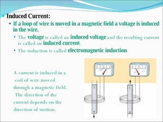 Induced Current: If a loop of wire is moved in a magnetic field a voltage is induced in the wire. The  voltage  is called an  induced voltage  and the resulting current is called an  induced current . The induction is called  electromagnetic induction . A current is induced in a coil of wire moved  through a magnetic field. The direction of the  current depends on the  direction of motion. 