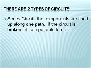 THERE ARE 2 TYPES OF CIRCUITS: 
 Series Circuit: the components are lined 
up along one path. If the circuit is 
broken, all components turn off. 
 