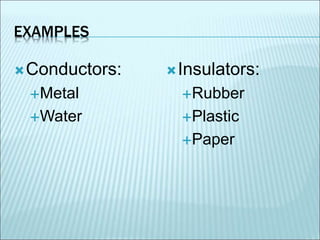 EXAMPLES 
Conductors: 
Metal 
Water 
Insulators: 
Rubber 
Plastic 
Paper 
 
