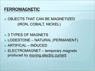 FERROMAGNETIC 
 OBJECTS THAT CAN BE MAGNETIZED 
(IRON, COBALT, NICKEL) 
 3 TYPES OF MAGNETS 
 LODESTONE – NATURAL (PERMANENT) 
 ARTIFICAL – INDUCED 
 ELECTROMAGNET – temporary magnets 
produced by moving electric current 
 