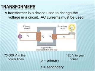 TRANSFORMERS 
A transformer is a device used to change the 
voltage in a circuit. AC currents must be used. 
75,000 V in the 
power lines 
120 V in your 
p = primary house 
s = secondary 
 