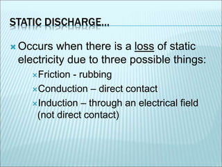 STATIC DISCHARGE… 
Occurs when there is a loss of static 
electricity due to three possible things: 
Friction - rubbing 
Conduction – direct contact 
Induction – through an electrical field 
(not direct contact) 
 