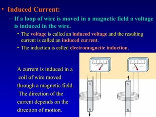 • Induced Current:
  – If a loop of wire is moved in a magnetic field a voltage
    is induced in the wire.
     • The voltage is called an induced voltage and the resulting
       current is called an induced current.
     • The induction is called electromagnetic induction.



     A current is induced in a
      coil of wire moved
     through a magnetic field.
      The direction of the
     current depends on the
     direction of motion.
 