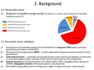 2.3. Renewable sector
a) Bulgarian renewable energy market. On picture 1 is shown total capacity of renewable
energy by source [7]
2. Background
9010 MW
3400 MW Hydro power plant
1040 MW Photovoltaic power plant
850 MW Wind power plant
9010 MW Other fossil power plant
2.2. Renewable sector. Highlights:
a) Driving force of renewable energy sector development is long term PPA (power purchase
agreement) and Feed-in Tariffs (FiT);
b) Non-government organization (NGO) - Cluster organization represent private interest in front
government;
c) International Events - renewable energy (RE) growth create opportunity Bulgaria to dominate
ins local Renewable market, example is Solar South-East Europe on 29-31 May 2013;
d) Natural resources for RES power plant: Sun; Wind; Water; BIO is negligible (total capacity of
29MW). Geographic location of RE power plant is very important.
e) Renewable energy affect price of energy price. Higher energy price harm social interest.
3400 MW
1040 MW
850 MW
 