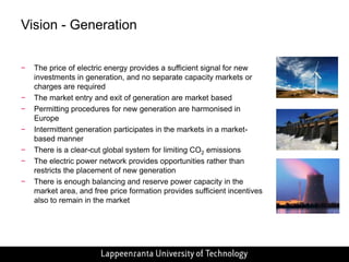 Market modelsElectricity market model covers the operation principles of the electricity wholesale marketTwo basic models: zonal and nodal pricingZonal pricing model: electricity price is calculated for price areas and transmission capacities are taken into account separatelyNodal pricing model: electricity price is calculated for each node of the grid, based on the load flow calculation. The price of the node contains energy, losses and congestion cost