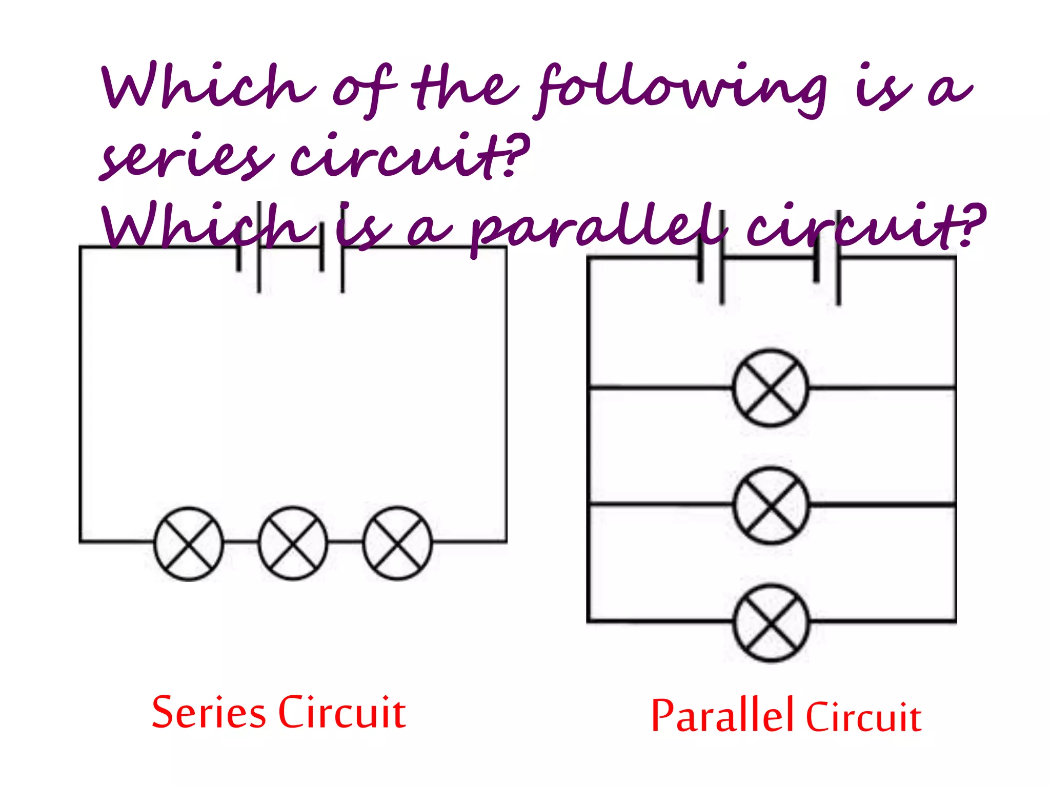 Which of the following is a 
series circuit? 
Which is a parallel circuit? 
Series Circuit Parallel Circuit 
 