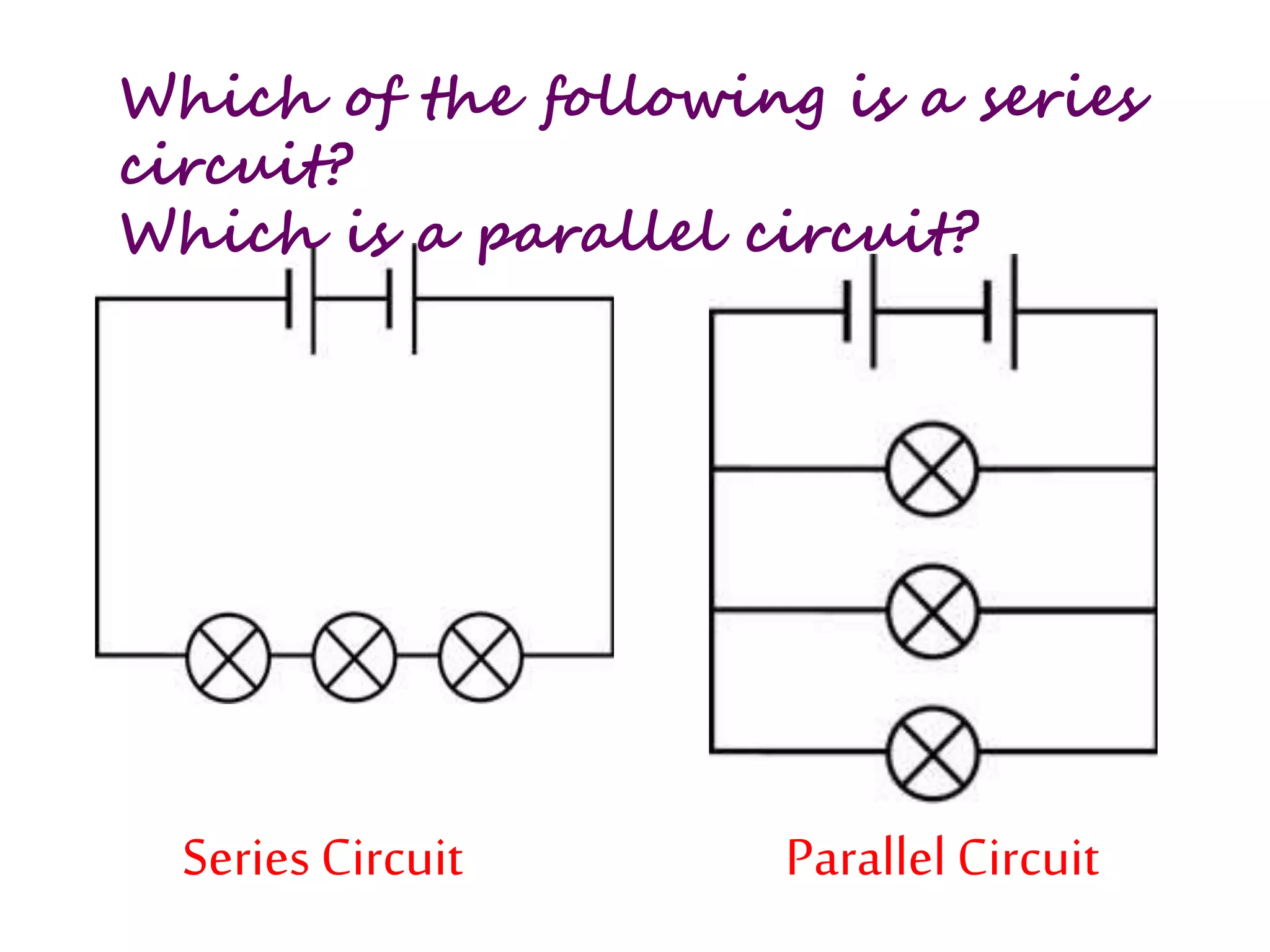 Which of the following is a series 
circuit? 
Which is a parallel circuit? 
Series Circuit Parallel Circuit 
