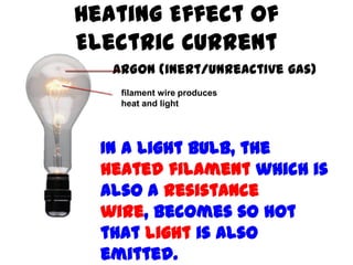 filament wire produces
heat and light
In a light bulb, the
heated filament which is
also a resistance
wire, becomes so hot
that light is also
emitted.
Heating Effect of
Electric Current
ARGON (inert/unreactive gas)
 