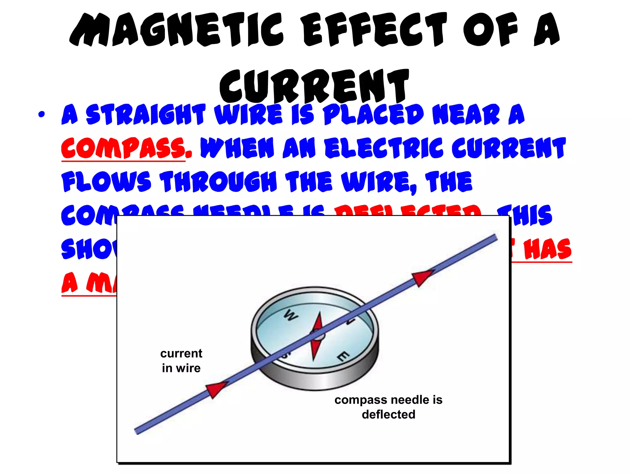 Magnetic Effect of a
•
               Current near a
    A straight wire is placed
    compass. When an electric current
    flows through the wire, the
    compass needle is deflected. This
    shows that an electric current has
    a magnetic effect.

          current
          in wire

                      compass needle is
                         deflected
 