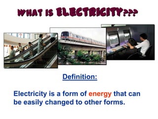 What is Electricity???




               Definition:

Electricity is a form of energy that can
be easily changed to other forms.
 