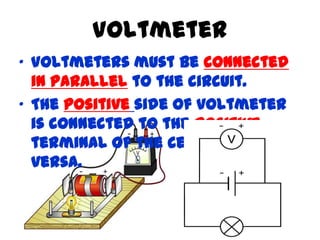 Voltmeter
• Voltmeters must be connected
  in parallel to the circuit.
• The positive side of voltmeter
  is connected to the positive
  terminal of the cell, and vice
  versa.
 