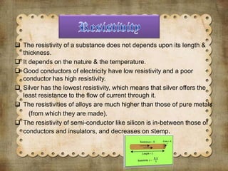  The resistivity of a substance does not depends upon its length &
thickness.
 It depends on the nature & the temperature.
 Good conductors of electricity have low resistivity and a poor
conductor has high resistivity.
 Silver has the lowest resistivity, which means that silver offers the
least resistance to the flow of current through it.
 The resistivities of alloys are much higher than those of pure metals
(from which they are made).
 The resistivity of semi-conductor like silicon is in-between those of
conductors and insulators, and decreases on ≤temp.
 