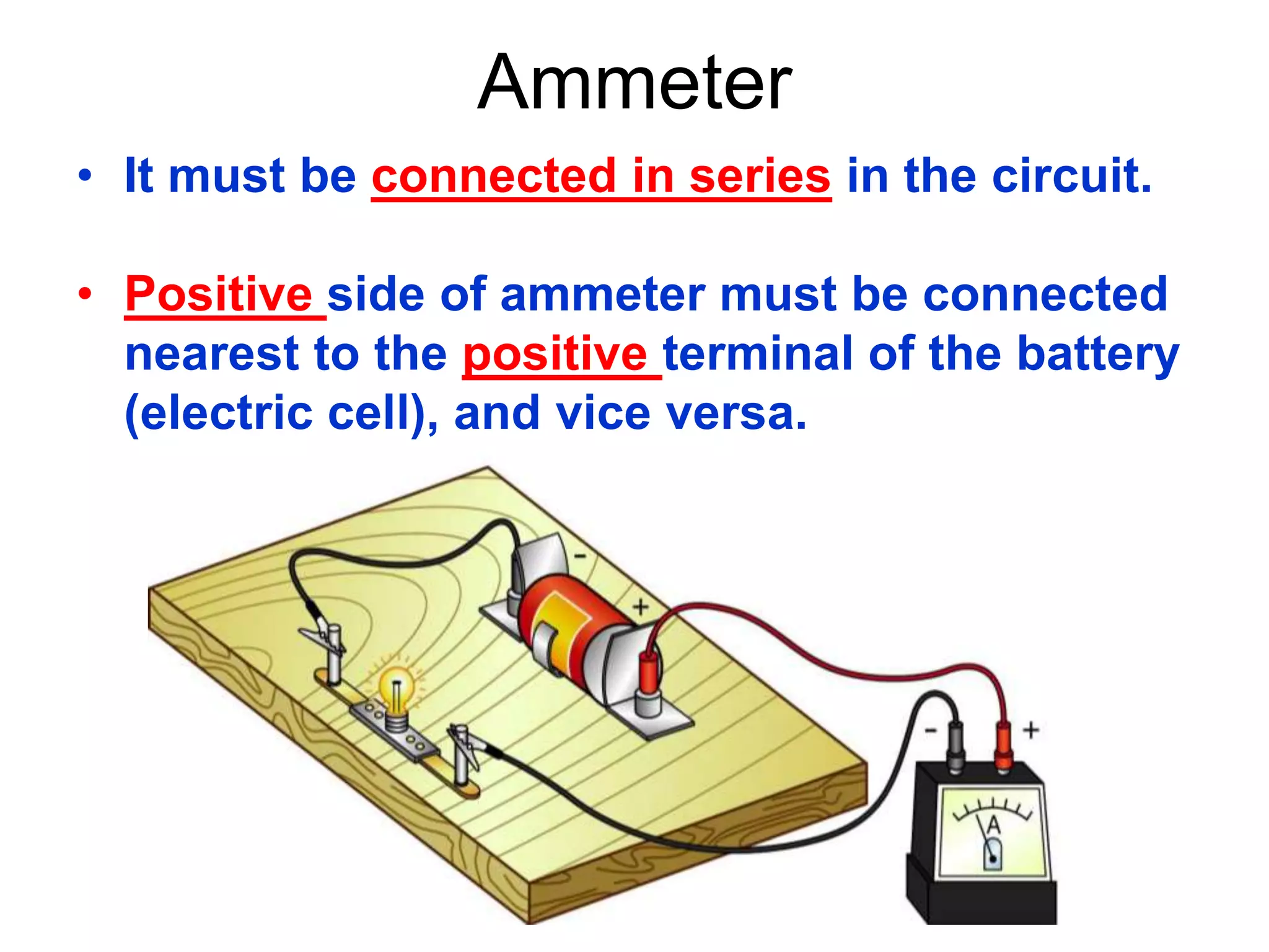 Ammeter 
• It must be connected in series in the circuit. 
• Positive side of ammeter must be connected 
nearest to the positive terminal of the battery 
(electric cell), and vice versa. 
 