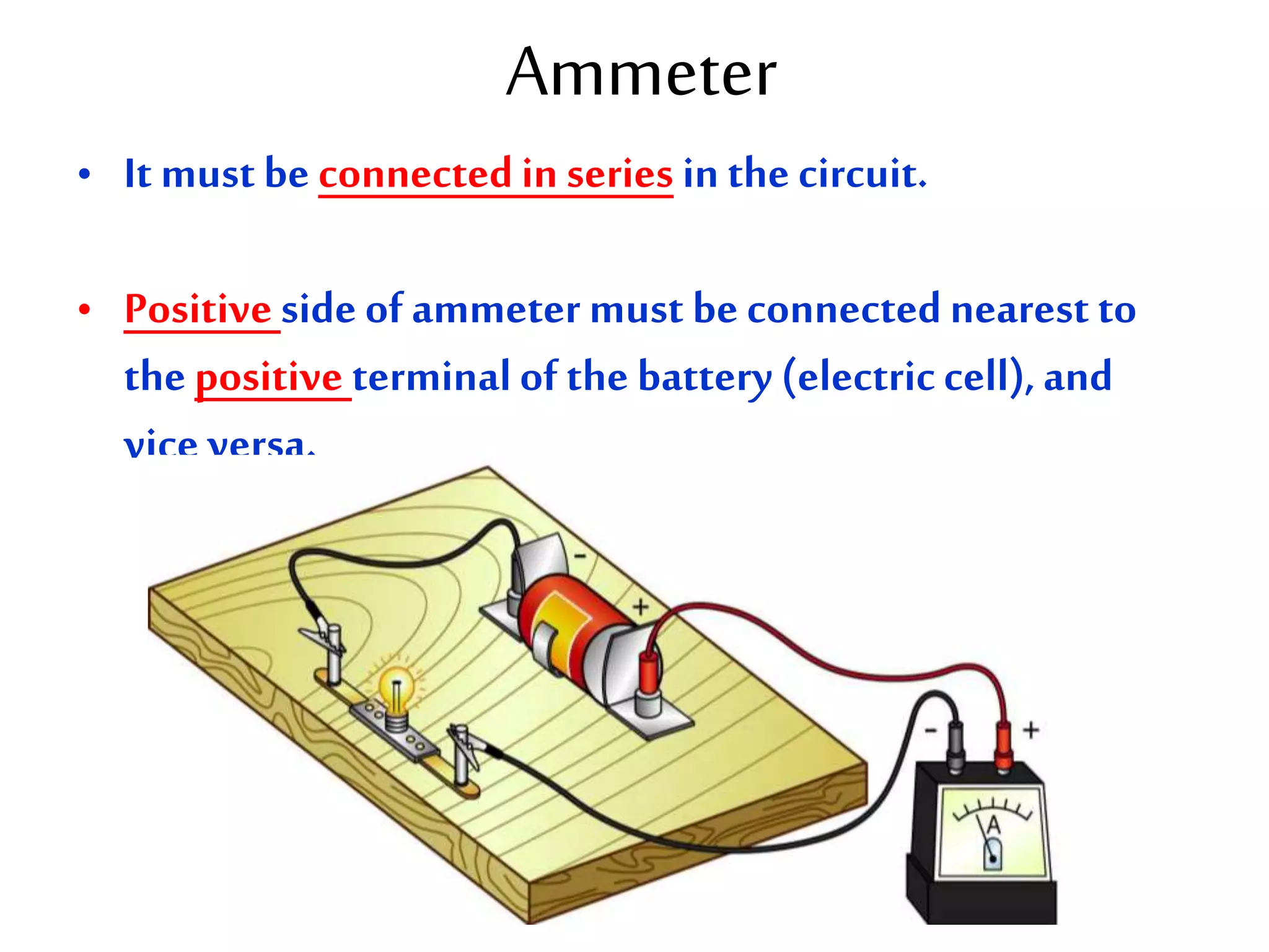 Ammeter 
• It must be connected in series in the circuit. 
• Positive side of ammeter must be connected nearest to 
the positive terminal of the battery (electric cell), and 
vice versa. 
 