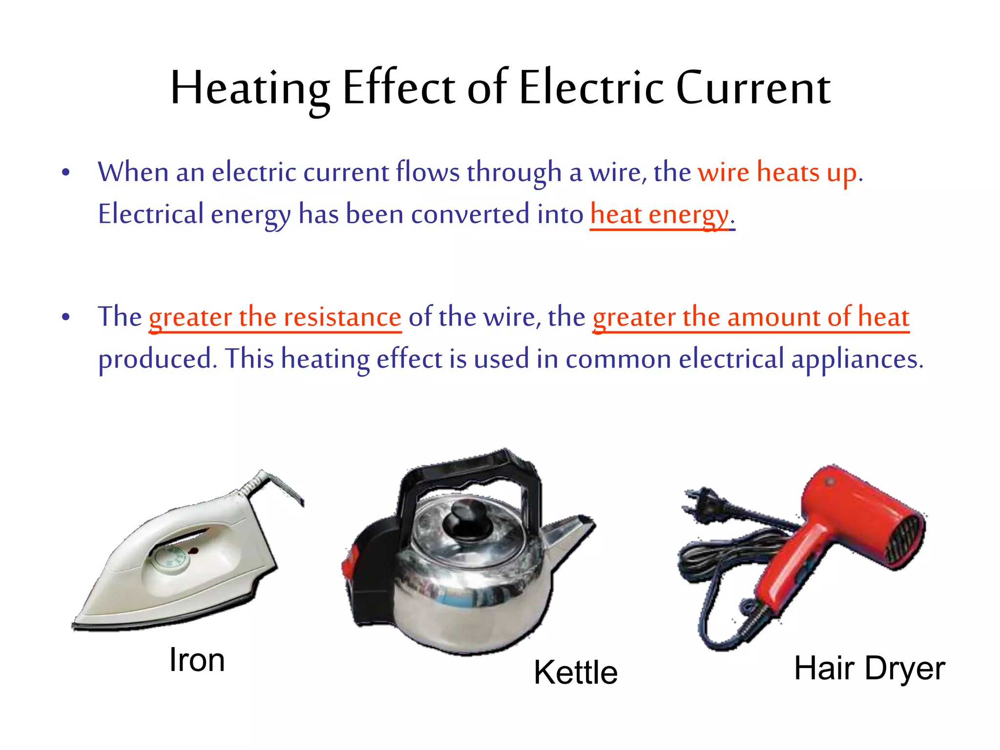 Heating Effect of Electric Current 
• When an electric current flows through a wire, the wire heats up. 
Electrical energy has been converted into heat energy. 
• The greater the resistance of the wire, the greater the amount of heat 
produced. This heating effect is used in common electrical appliances. 
Iron Kettle Hair Dryer 
 