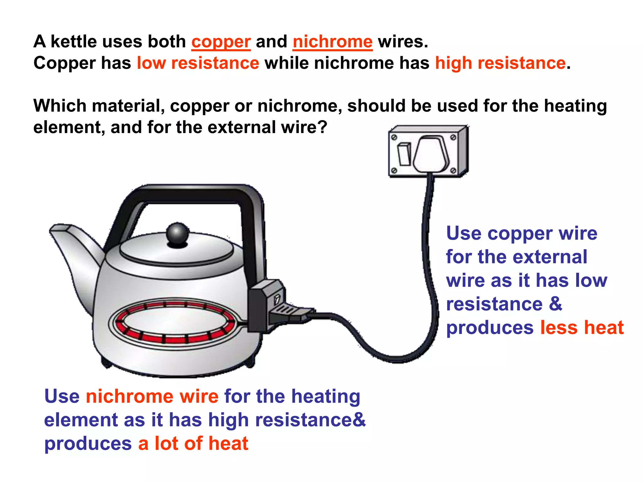 A kettle uses both copper and nichrome wires. 
Copper has low resistance while nichrome has high resistance. 
Which material, copper or nichrome, should be used for the heating 
element, and for the external wire? 
Use copper wire 
for the external 
wire as it has low 
resistance & 
produces less heat 
Use nichrome wire for the heating 
element as it has high resistance& 
produces a lot of heat 
 