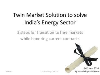 Twin Market Solution to solve
India’s Energy Sector
3 steps for transition to free markets
while honoring current contracts
24th June 2014
By Vishal Gupta & Team24/06/14 by Vishal Gupta & team. 1
 