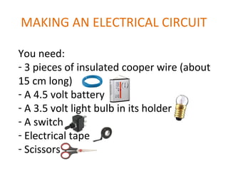 MAKING AN ELECTRICAL CIRCUIT
You need:
- 3 pieces of insulated cooper wire (about
15 cm long)
- A 4.5 volt battery
- A 3.5 volt light bulb in its holder
- A switch
- Electrical tape
- Scissors
 