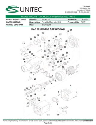 CS Unitec
                                                                                                                              22 Harbor Ave
                                                                                                                          Norwalk, CT 06850
                                                                                                           P: 203.853.9522 F. 203.853.9921

                        PLEASE SPECIFY TOOL MODEL # WHEN ORDERING PARTS
    PARTS BREAKDOWN                   Model #:     MAB 825                                                      Bulletin #:  08-2011
    PARTS LISTING                     Description: Portable Magnetic Drill                                      Prepared By: SCW
    WIRING DIAGRAM                    Date:        11/30/2011
                                                                MAB 825
                                                    1800W
                                        MAB 825 MOTOR BREAKDOWN
                                                                                                            18
                                                                                                                  17
                                                          30                                    22
                                                    32
                                               31                                  24
                                      23                                  25
                                                                    26                                     19
                          29                                   27
                                                     44                           48
                                                                                                       46
                                 47                                 21                          49
                                      45                       10                      64
                                                                              63                            19
                                        50                                                           36
                                          65                        48
                                                          60               41
                           66                                           43 12                             20 19
                                                                         35
                            67                                       10       37 42
                                                                                   34
                                                                              33                     39
                                                                                                      16
                                                                                                                          14
                                      28
                                           2
                                                                              9
                                                                         38
                                               40
                                                                                   7
                                                                          8
                                           51                                                                     4
                              68 52                        3
                             53 69
                                                                                            5                             1
                                            59             62
                                 61 58
                                                    56
                                                     54
                                 57                                                     6
                                 55
                                                                                                11


                                                                                        13                            06.2008
                                                                    15

For a complete listing of schematics for CS Unitec Tools, please visit www.csunitec.com/schematics.html or call 203.853.9522
                                                           Page 1 of 6
 